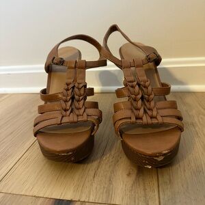 Braided Strappy Brown Wedge Sandals with Ankle Buckle